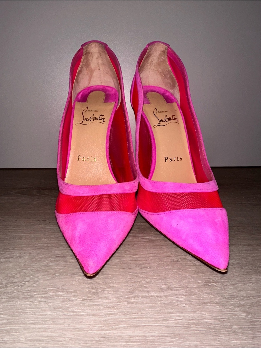 Christian Louboutin Hot Pink with mesh insert. Pointed Toe Pumps